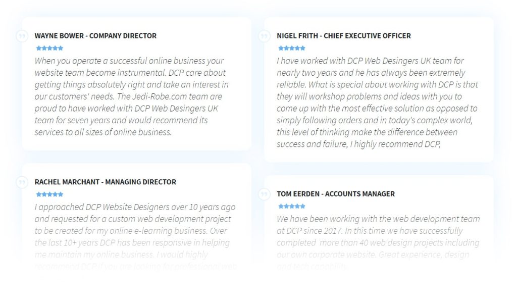 Example list of client website design testimonials