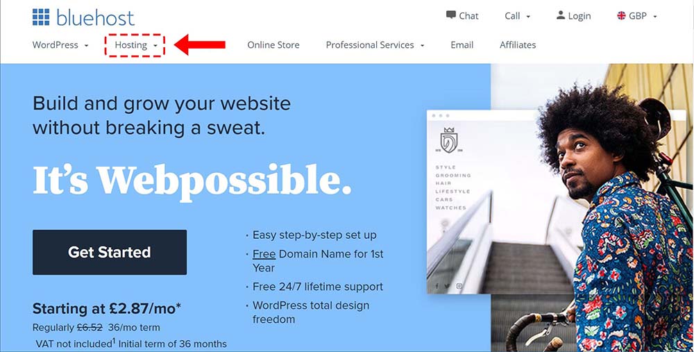 Bluehost top navigation hosting