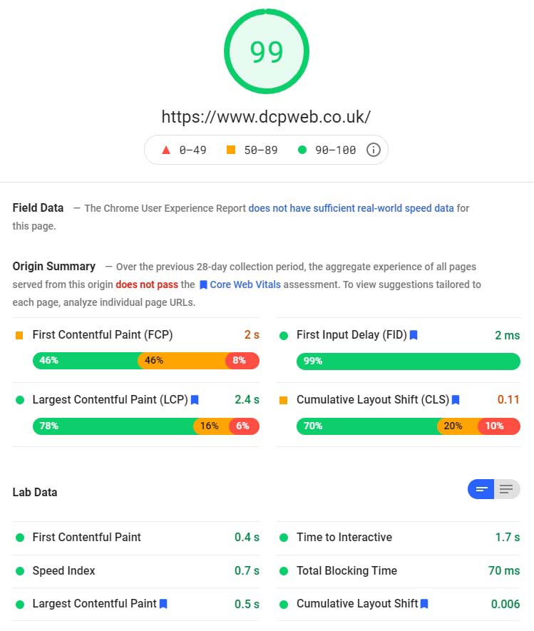 DCP home page google page speed test
