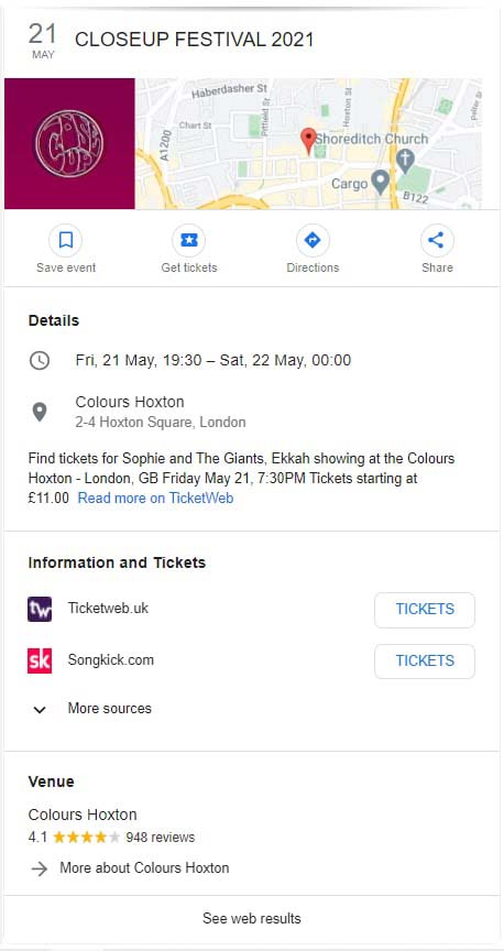 Google detailed view of a specific festival