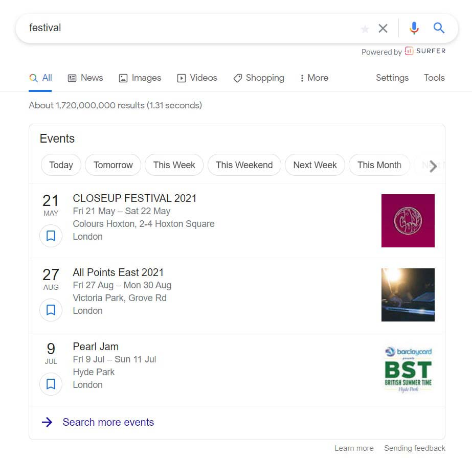 Example rich snippet for festival google search