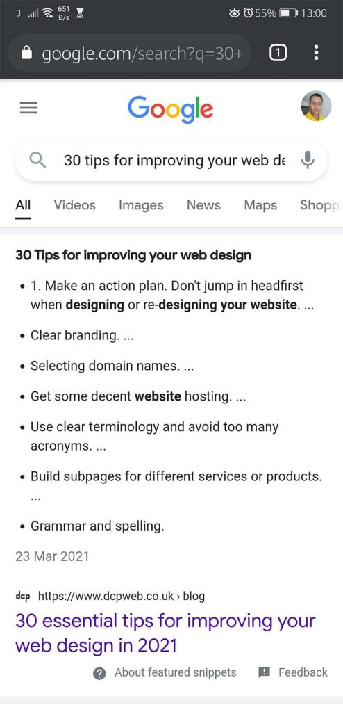 Example rich snippet for mobile view