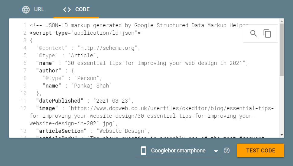 Google rich results test tool code