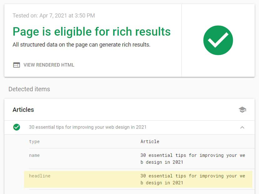 Google rich results test tool results with headline tag field