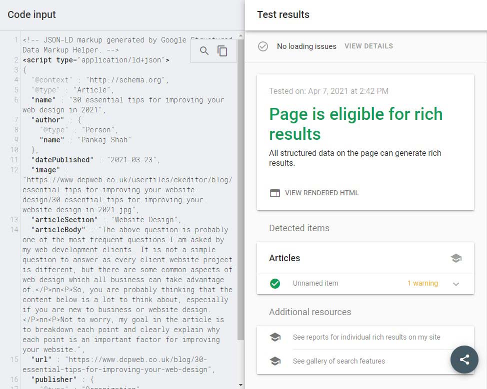 Google rich results test tool results
